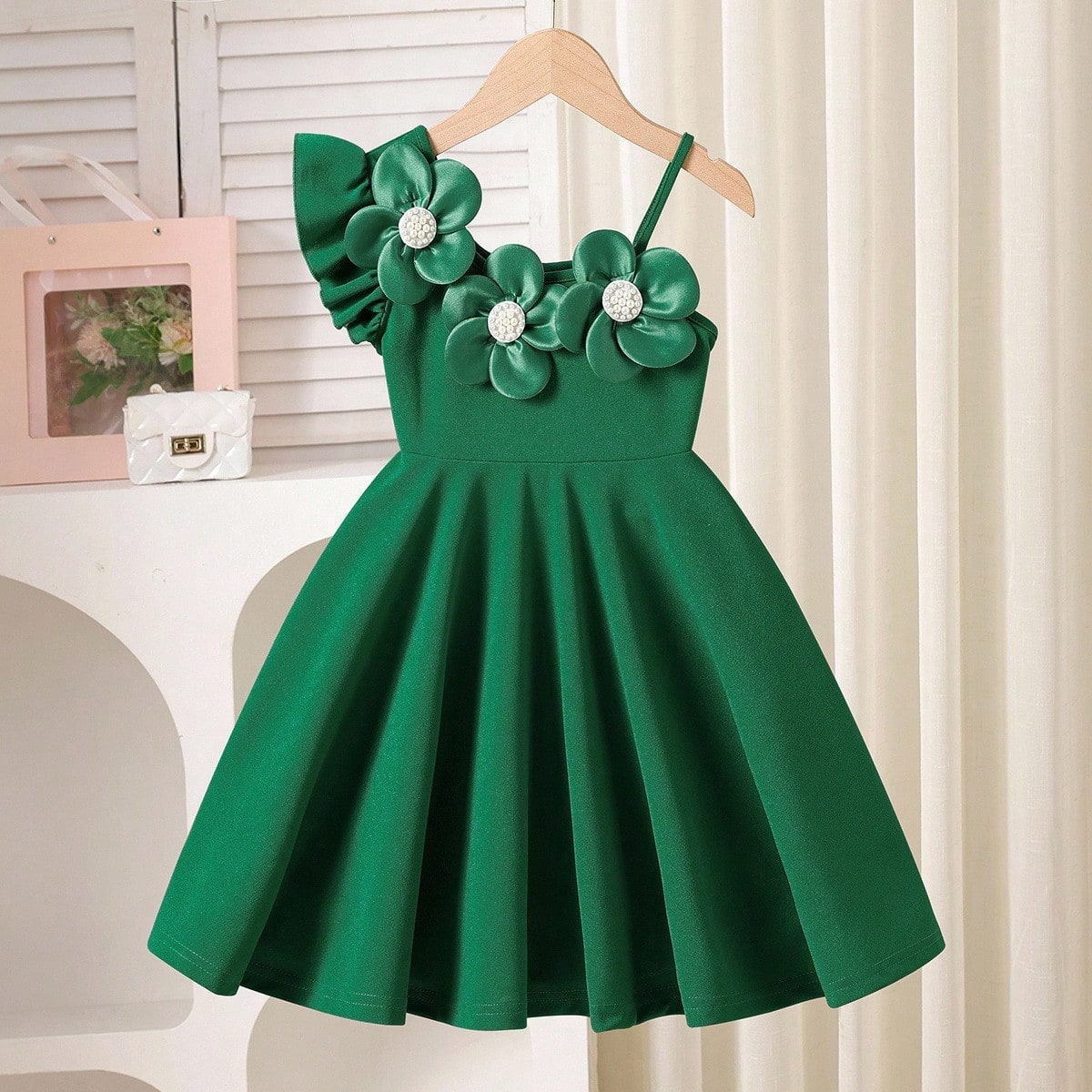 Vestido blanco para niñas jóvenes con decoración floral de cuentas 3D, cintura ceñida línea A, 1 pieza, adecuado para fiesta de cumpleaños, vera