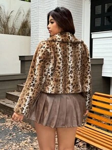 SHEIN EZwear Plus Size Fashionable Leopard Print Faux Fur Jacket, Autumn/Winter Leopard Print Jacket Leopard Coat Fall - Multicolor - View 2