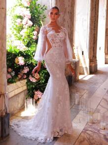 Glamrae Váy maxi đuôi cá tay bồng thêu ren sequin sang trọng, thanh lịch, phù hợp cho đám cưới, tiệc tùng, kỳ nghỉ, vũ hội, không phải đám cưới - Màu be - Xem 5