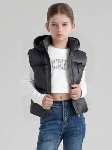 1pc Tween Girl Solid Color Bow Vest, Casual Vest For Autumn/Winter Fall - Black - View 1