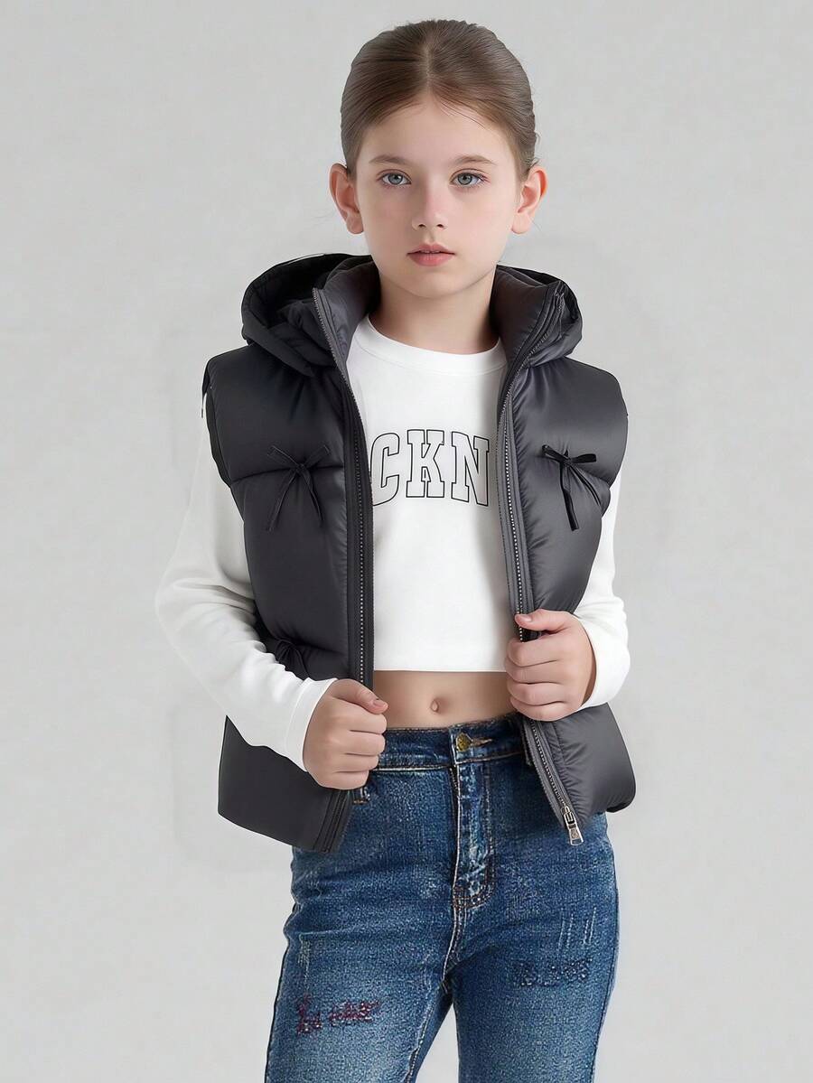 1pc Tween Girl Solid Color Bow Vest, Casual Vest For Autumn/Winter Fall - Black - View 1