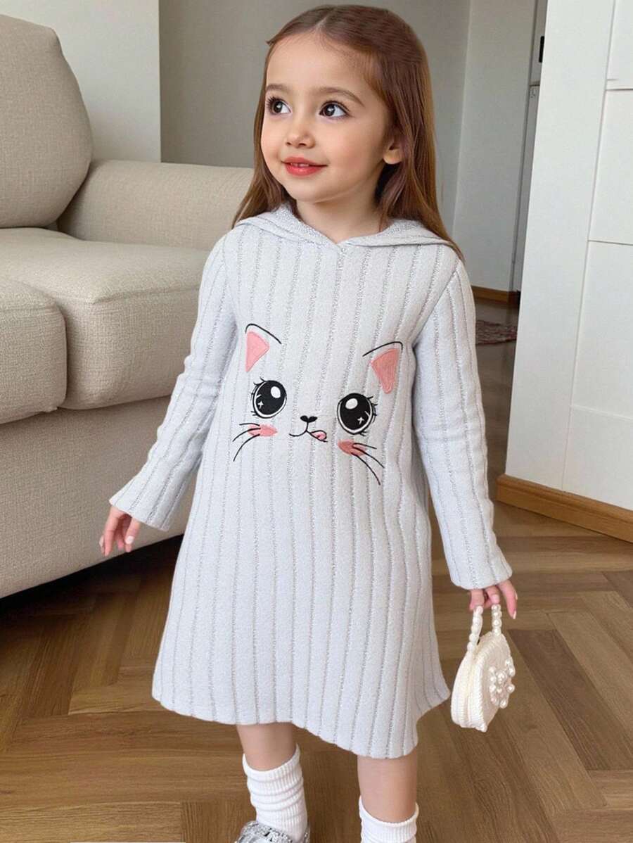 SHEIN Young Girl Cartoon Embroidery Hooded Dress