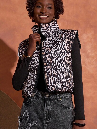 EURMUSE Women's Reversible Puffer Vest – Black & Leopard Print, Zip-Up Sleeveless Jacket, Two-In-One Winter Outerwear Black Vest Women Vests For Women Padded Tops Western Vest