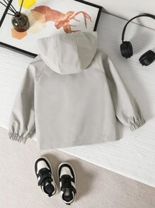SHEIN Playful Pals Young Boy Casual Minimalist Patchwork Pocket Hooded Windbreaker, Loose Fit Comfortable Jacket For Spring/Autumn Daily Wear, Travel, Party, Photo Shoot Fall Winter - Grey - View 3