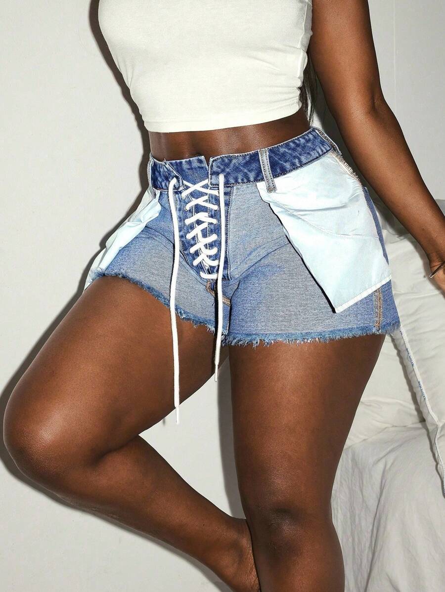 Slaydiva Plus Size Women Denim Belted Reversible Personalized Shorts, Autumn Festival Cowboy Denim Shorts - Blue - View 1