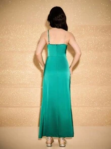 Elegant,Avocado Green,Summer,Teen Prom Flower Girl Dress For Graduation Wedding Ball Gown Deep Green Satin One-Shoulder Sleeveless Midi Party Dress - Green - View 2