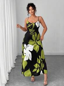 SHEIN LUNE 大码女式优雅时尚个性化百搭休闲办公长款印花针织连衣裙 - 軍綠色 - 查看 3