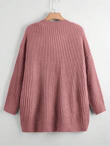 EMERY ROSE Plus Size Casual Solid Color Double Pocket Cardigan Fall Winter Cloth For Women Autumn - Rose Red - View 2
