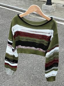 SHEIN Tween Girls Multi Color Striped Pattern Drop Shoulder Pullover Sweater Crop Sweater,Long Sleeve Tops, Suitable For Casual Daily Wear,In Fall/Winter - Army Green - View 9