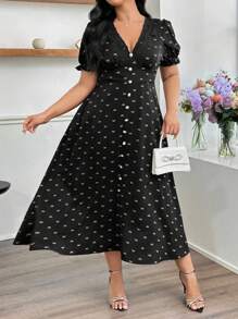 Modelyn Vestido elegante y romántico con estampado de satén y flor para mujer talla grande, con cuello en V profundo, mangas de burbuja y cintura con lazo