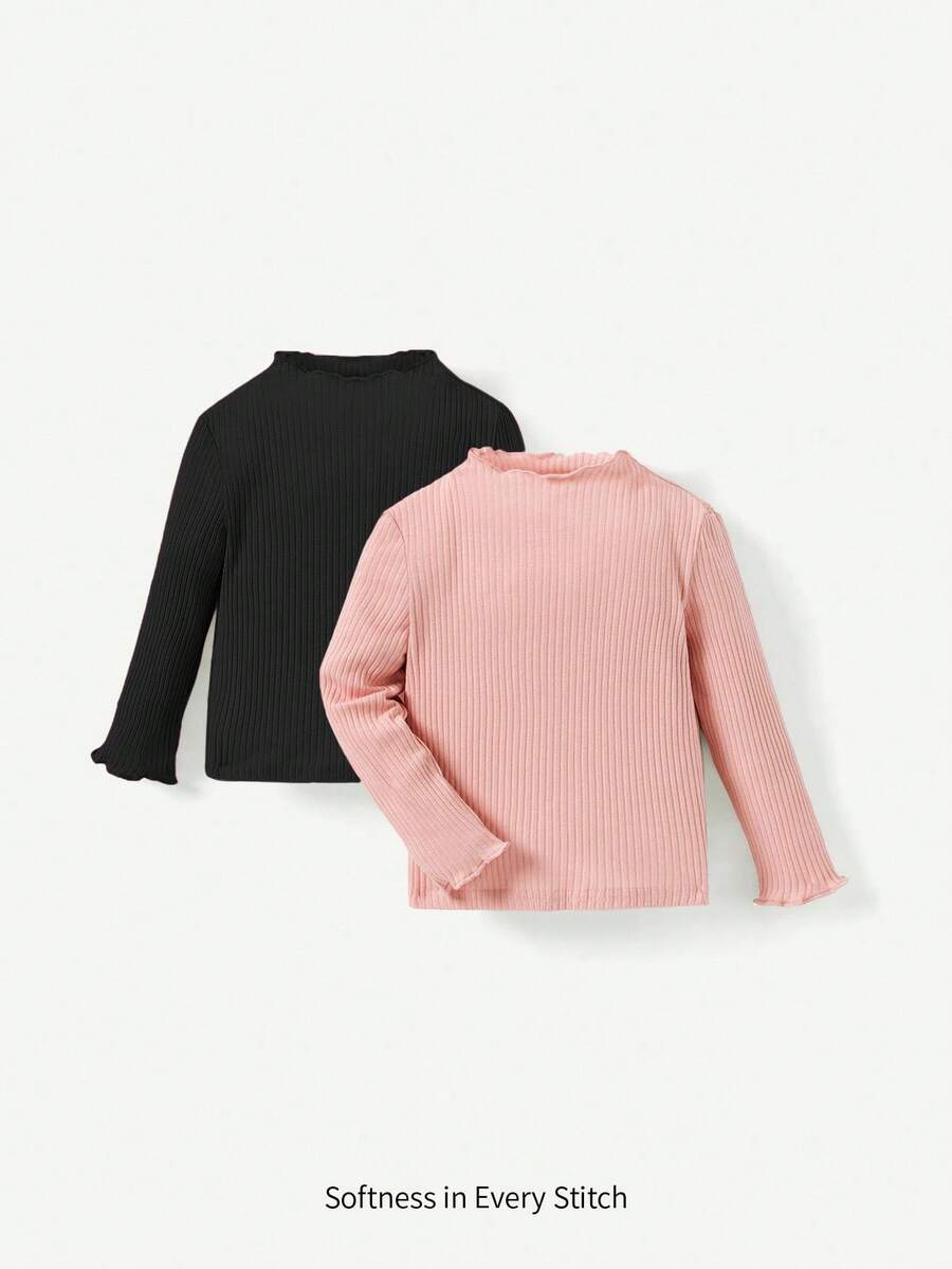 Cozy Pixies Set de 2 piezas de top de manga larga de unicolor con cuello de volantes casual y versátil para niña bebé - Multicolor - Ver 1