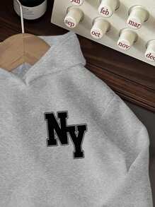 男婴卡通字母 NY 小熊图案加厚圆领长袖卫衣，适合秋冬季节，休闲、社交、秋季穿着。 - 淺灰色 - 查看 3