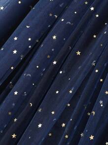 SHEIN 青少年女孩荷叶边星星印花网眼连衣裙，假日，夏季，旅行