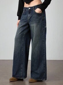 ROMWE J-Fashion 男女皆宜的复古嘻哈亚文化鲤鱼花卉刺绣宽松阔腿低腰牛仔裤