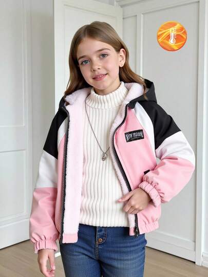 女童休闲连帽长袖保暖拉链外套，适合秋冬季节日常穿着、上学、户外活动、街头穿搭。