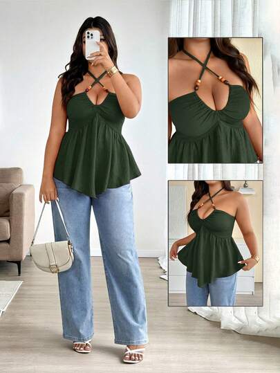 Elenzga Top regular para mujer de estilo casual de vacaciones bohemio de moda en talla grande, de color caramelo, con un diseño asimétrico único, decorado con cuentas de madera perforadas de colores y con tirantes cruzados, con un encanto sexy