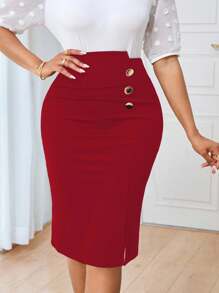 Lunelith SHEIN Lunessa Commuting Minimalist Elegant Solid Color Slim Fit Women Skirt - Red - View 5