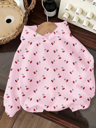 Pink & White Vintage Mini Cherry Print Baby Girl Casual Loose Comfortable Soft Knit Sweatshirt, Suitable For Autumn/Winter Fall