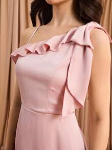 Blush Pink,Summer,Elegant,Formal,Wedding Ninang Bridesmaid Satin Bowknot One-Shoulder Tie-Up A-Line High-Slit Dress For Galas,Birthdays,Graduation - Pink - View 7