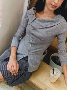 Nöista 女款灰色秋季時尚羅紋針織上衣，長袖不對稱鈕扣設計寬領，優雅現代百搭，適合上班、派對與假日 - 灰色 - 查看 4