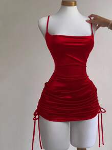 Franclia 简约细肩带褶饰低胸女式连衣裙 - 紅色 - 查看 3