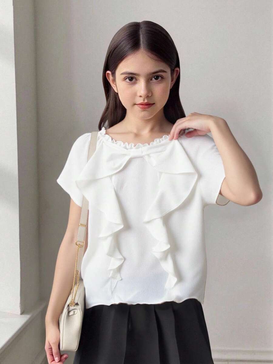 SHEIN 青少年女孩宽松休闲简约舒适圆领荷叶边短袖衬衫,返校季 - 白色 - 查看 1