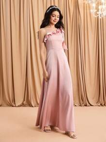 Blush Pink,Summer,Elegant,Formal,Wedding Ninang Bridesmaid Satin Bowknot One-Shoulder Tie-Up A-Line High-Slit Dress For Galas,Birthdays,Graduation - Pink - View 5