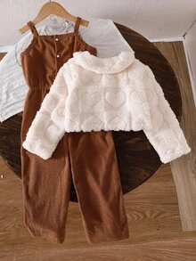 SHEIN 女婴粉色休闲厚羊毛格子提花连体衣套装，秋冬 - 杏色 - 查看 2