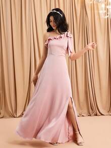 Blush Pink,Summer,Elegant,Formal,Wedding Ninang Bridesmaid Satin Bowknot One-Shoulder Tie-Up A-Line High-Slit Dress For Galas,Birthdays,Graduation - Pink - View 4