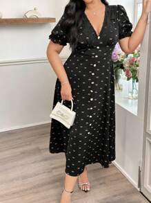 Modelyn Vestido elegante y romántico con estampado de satén y flor para mujer talla grande, con cuello en V profundo, mangas de burbuja y cintura con lazo