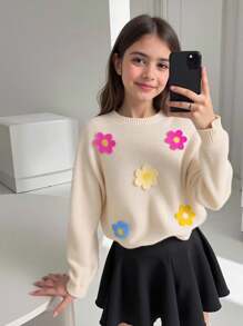 SHEIN 青少年女孩宽松休闲简约舒适圆领长袖毛衣，带 3D 花卉装饰 - 杏色 - 查看 4