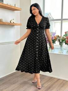 Modelyn Vestido elegante y romántico con estampado de satén y flor para mujer talla grande, con cuello en V profundo, mangas de burbuja y cintura con lazo