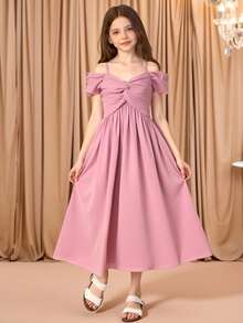 少女细肩带褶饰优雅婚礼、校园、派对礼服 - 粉色 - 查看 1