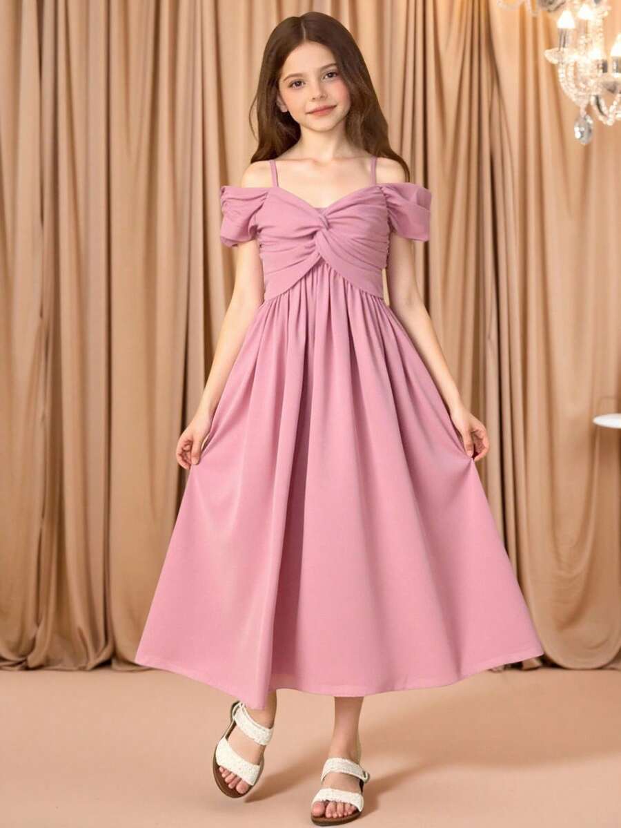少女细肩带褶饰优雅婚礼、校园、派对礼服 - 粉色 - 查看 1