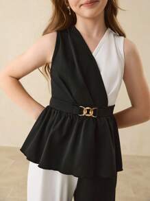 少女无袖上衣 + 黑白撞色长裤，优雅套装，适合上学、参加派对、万圣节、圣诞节等场合。 - 黑色 - 查看 6