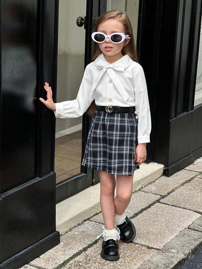 SHEIN Elladie kids Young Girls Cute White Collar Pearl Decor Fresh White Long Sleeve Shirt, Autumn/Winter