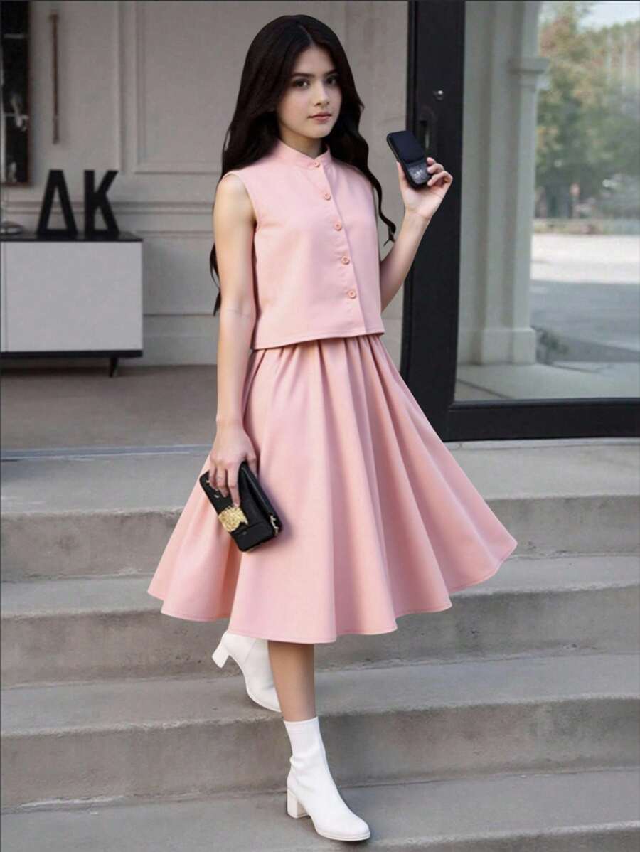 Setelan 2 Potong: Kaos Tanpa Lengan Warna Polos Kasual dan Rok Mini untuk Anak Perempuan Remaja.