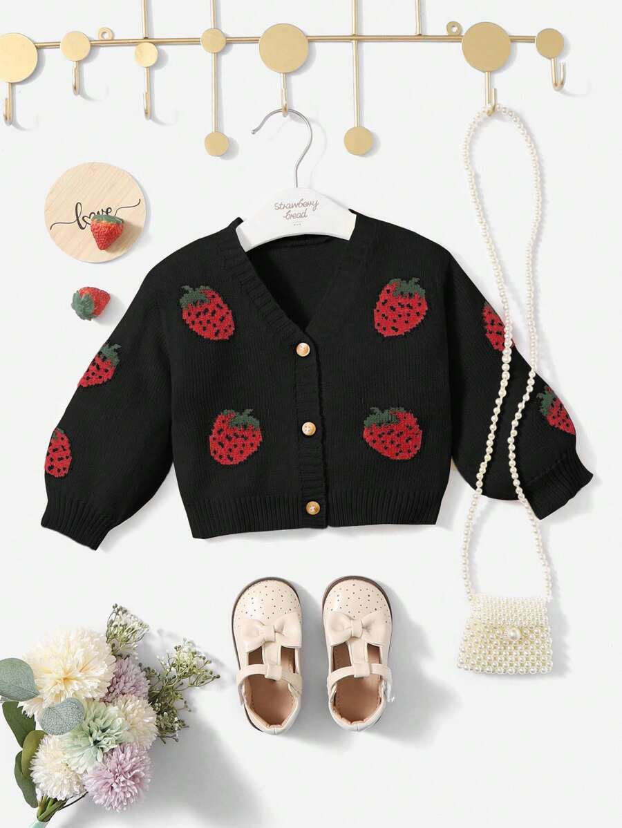 SHEIN Baby Girl Casual Strawberry Jacquard Cardigan, Autumn/Winter Fall - Black - View 1