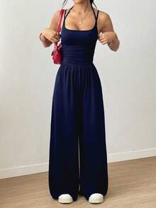 Flirla Tall 女式休闲百褶宽松直筒连体裤，春夏 - 藏蓝色 - 查看 5