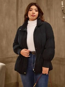 SHEIN LUNE Plus Size Solid Color Stand Collar Corduroy Warm Padded Coat For Women, Winter Fall Cloth For Women Autumn - Black - View 7