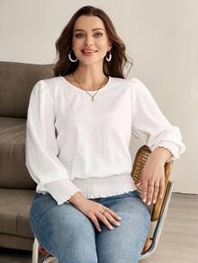 SHEIN LUNE 大码女装返校装女装秋季白色波浪条纹圆领复古服装女式收腰衬衫商务休闲女装秋冬季曲线教师返校装衬衫