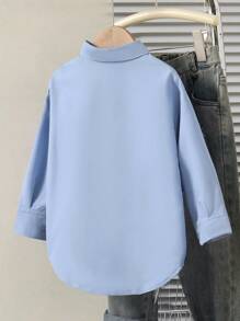 年轻女孩休闲纽扣长袖衬衫，前短后长设计 - 藍色 - 查看 2