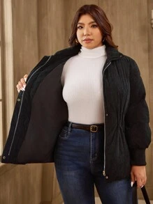 SHEIN LUNE Plus Size Solid Color Stand Collar Corduroy Warm Padded Coat For Women, Winter Fall Cloth For Women Autumn - Black - View 8