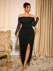 Cravure 永不过时：哥特式预科风，融入周三元素。拥抱你内心的阴影，展现女性的暗黑时尚。大码女式鸡尾酒会宴会长袖露肩蕾丝拼接修身长裙，黑色 - 黑色 - 查看 5