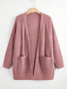 EMERY ROSE Plus Size Casual Solid Color Double Pocket Cardigan Fall Winter Cloth For Women Autumn - Rose Red - View 1