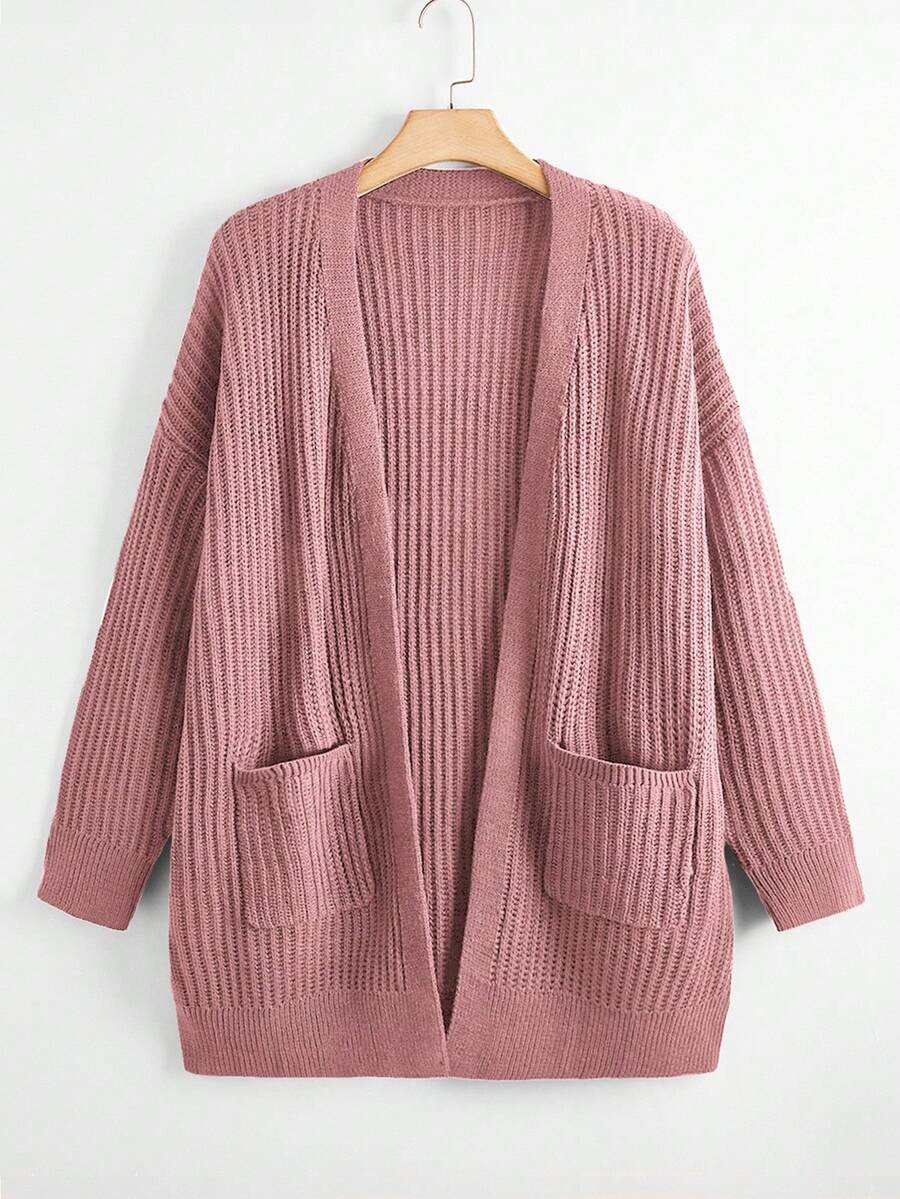 EMERY ROSE Plus Size Casual Solid Color Double Pocket Cardigan Fall Winter Cloth For Women Autumn - Rose Red - View 1