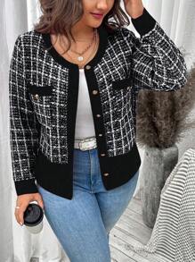 Cárdigan a cuadros casual y de trabajo, talla grande, otoño/invierno - Negro - Ver 8