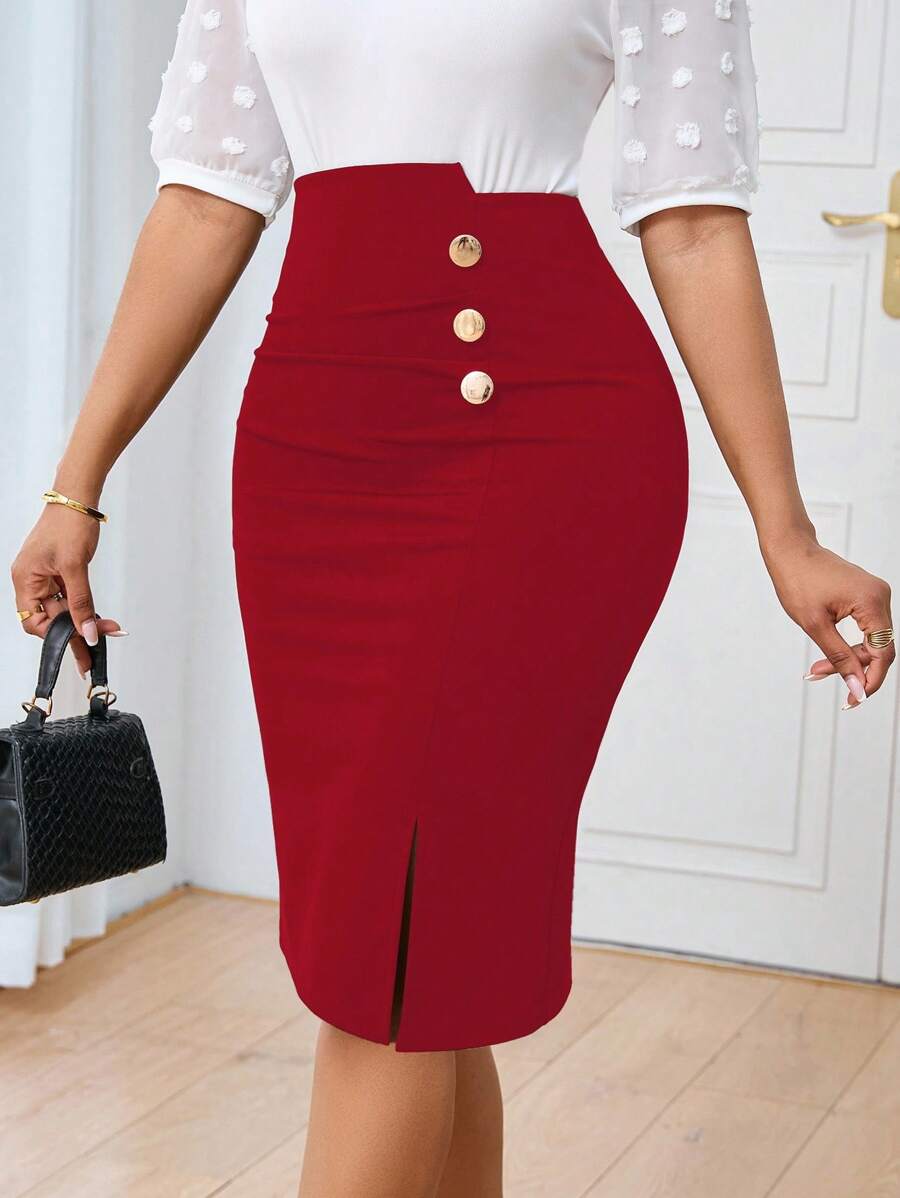 Lunelith SHEIN Lunessa Commuting Minimalist Elegant Solid Color Slim Fit Women Skirt - Red - View 1