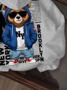 男婴卡通字母 NY 小熊图案加厚圆领长袖卫衣，适合秋冬季节，休闲、社交、秋季穿着。 - 淺灰色 - 查看 4