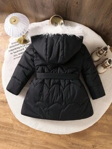 SHEIN 女童纯色连帽休闲羽绒服 冬季外套 女童冬季外套 女童黑色连帽外套 女童毛领冬季外套 女童系带外套 女童系带冬季外套 秋季 - 黑色 - 查看 4
